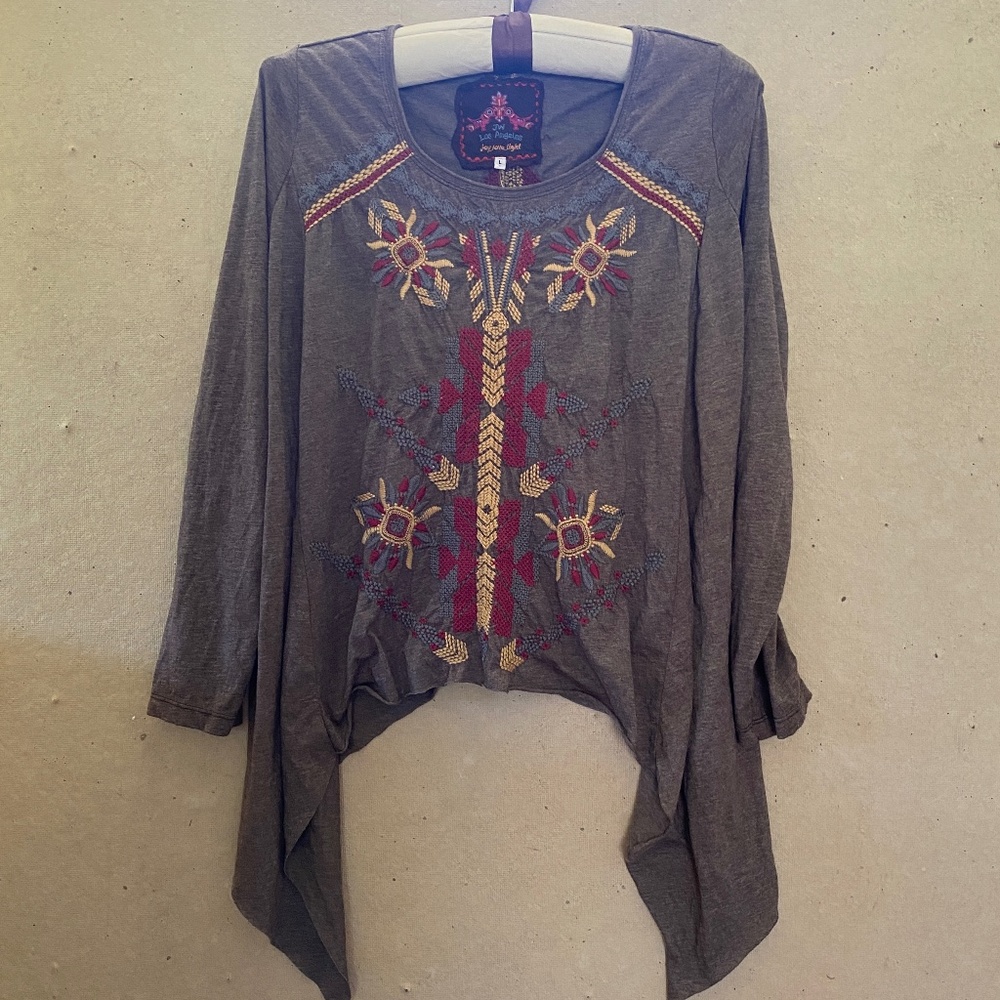 Johnny Was (JW Los Angeles) Long Sleeve Handkerchief Hem embroidered T Shirt